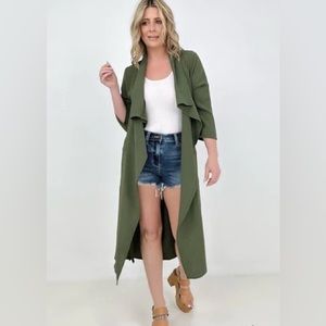Olive Green Front Draped Duster Jacket